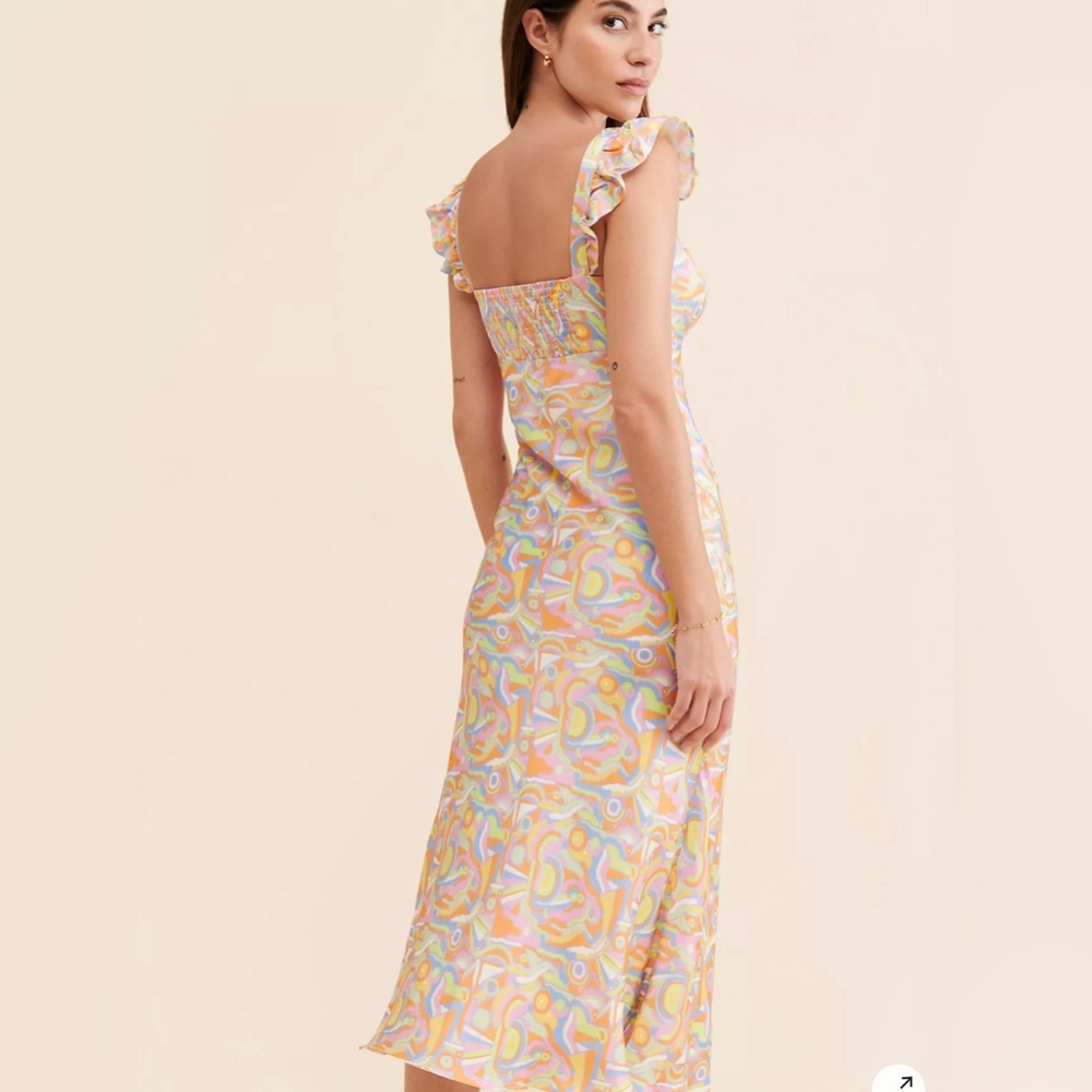 Olivia Rubin Amaya Abstract Print Midi Slip Multicolor Ruffle Dress Size 14 - Picture 2 of 15